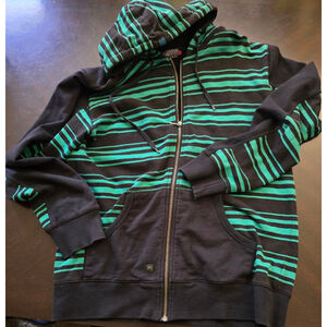 Super RARE 1990s Y2K Men's Mambo Black & Green Striped Full-Zip Hoodie EUC Sz L